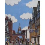 After Chas Jacobs (British Contemporary) Lithograph 'Eastgate Chester', a vibrant street scene,