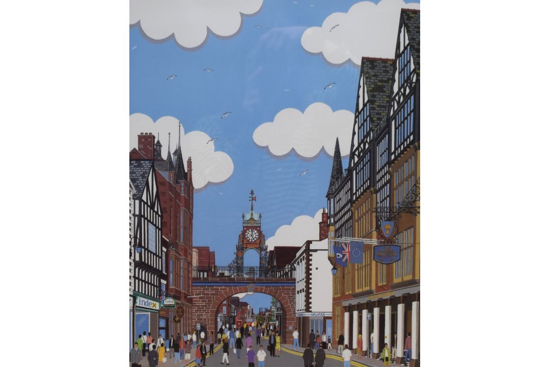 After Chas Jacobs (British Contemporary) Lithograph 'Eastgate Chester', a vibrant street scene, - Image 1 of 6