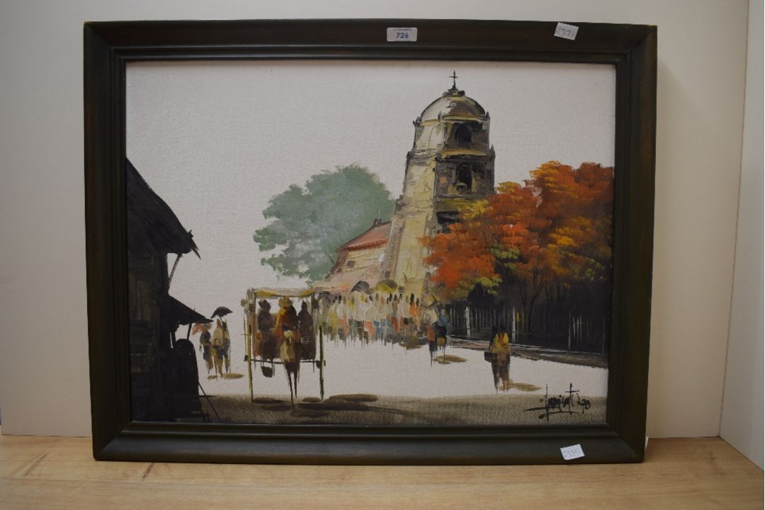 Edgardo Saemiento (20th Century) Oil on canvas, a vibrant Eastern temple street scene in autumnal - Image 2 of 5