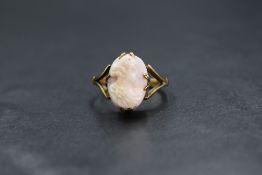 A 9ct gold wedding band of thin form, size N & a 9ct gold cameo ring depicting a maiden in