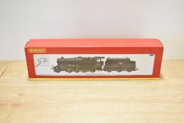 A Hornby 00 gauge model of a British Railways Class 8F 2-8-0 steam locomotive and matching tender.