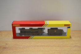 A Hornby Railroad series OO gauge model steam locomotive and tender, identified by model number