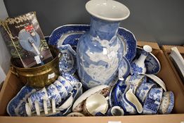A collection of mainly blue and white including part tea services, serving plat and a large vase