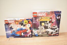 Two Lego Marvel Spiderman Across the Spiderverse and Spiderman sets comprising Myles Morales vs. The