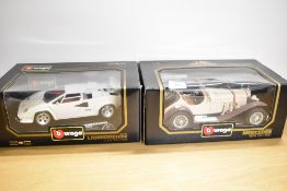 Burago 1:18 scale Die-casts, 3009 1928 Mercedes Benz SSK, 3047 1988 Lamborghini Countach, both in