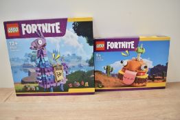 Two Lego Fortnite sets comprising Supply Llama model number 77071 and Durrr Burger model number