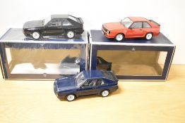 Norev 1:18 Scale Die-casts, Audi Sport Quattro's, in Black, Dark Blue and Red, two boxed with