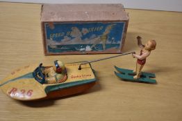TN Toys, Japanese Tin Plate and Friction Driver Speed Boat R-26 Rocky Stone with Water Skier
