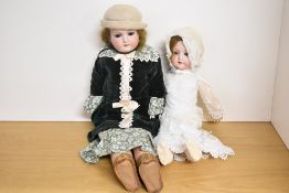 Armand Marseille Bisque Headed Dolls, sleep brown eyes, open mouths with four teeth showing,