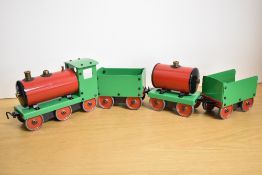 Metal Hand Mate Floor Train, 0-6-0 Loco with three wagons, green and red, very well made, total
