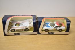Corgi Die-casts, 323 Ferrari Daytona 365 GTB/4, 397 Can-Am Porsche 917-10, both in card and