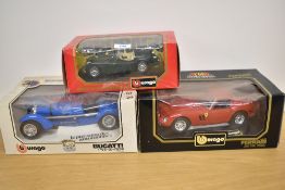 Burago mixed scale Die-casts, 1:18 3011 Ferrari 250 GTO (1962), 3005 Bugatti Type 59 (1934, 1:24