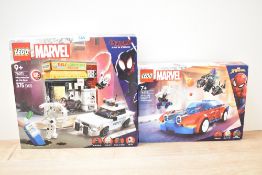 Two Lego Marvel Spiderman Across the Spiderverse and Spiderman sets comprising Myles Morales vs. The