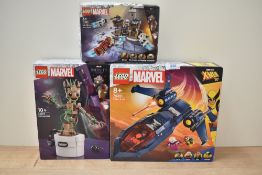 A group of three Lego Marvel sets comprising X-Men '97 X-Men X-Jet, model number 76281, The Infinity
