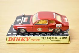 Dinky Die-cast, 213 Ford Capri Rally Car, red with black bonnet, decals and lights present, on
