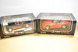 Burago 1:18 scale Die-casts, 3034 1957 Chevrolet Corvette, 3025 1992 Dodge Viper RT10, both in