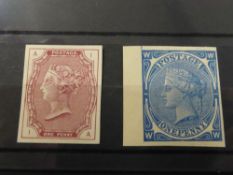 GB 1870's McCORQUODALE & PERKINS BACON TENDER ESSAY IMPERFORATE DESIGNS Unusual duo of values, the