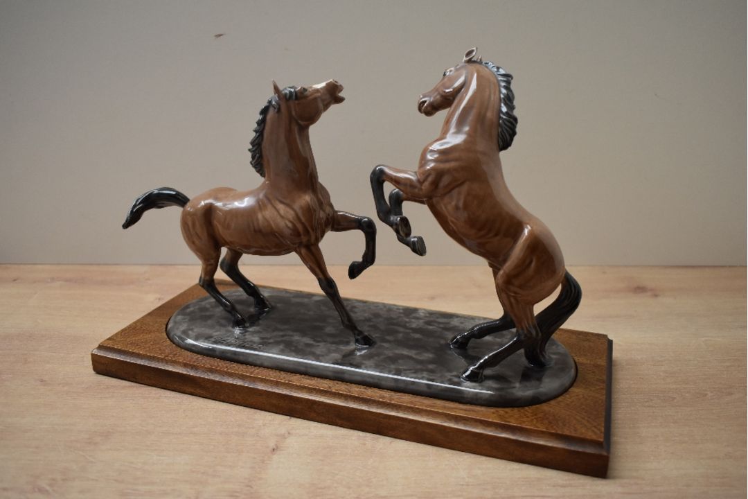 A Heredities porcelain 'Charm of Creamware' horse group study, signed 'Pepper' to reverse, mounted - Image 2 of 4