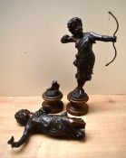 A pair of 20th century patinated metal figurines depicting Roman Goddess Diana 'Goddess of the Hunt'