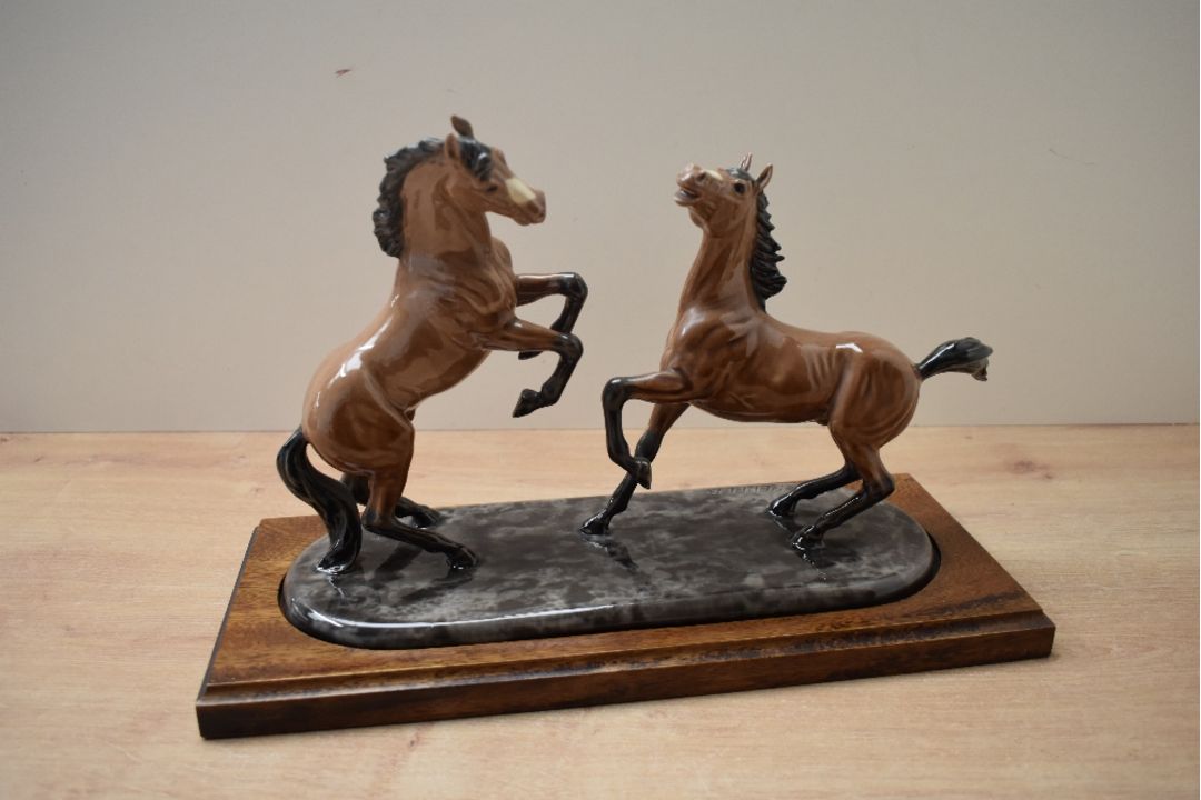 A Heredities porcelain 'Charm of Creamware' horse group study, signed 'Pepper' to reverse, mounted - Image 1 of 4