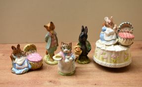 A group of five Beswick Pottery Beatrix Potter characters including 'Foxy Whiskered Gentlemen'