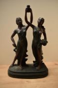 A large 20th century resin bronze effect figure group depicting two females one holding a basket