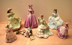 A group of six Coalport Bone china figurines to include 'On The Balcony' and 'Victoria Gardens',
