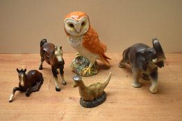A group of five Beswick Pottery and similar animal studies to include 'Barn Owl' model number