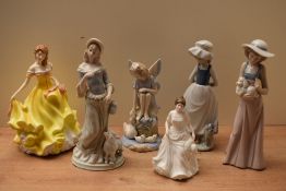 A group of six figurines to include two Royal Doulton bone china figurines 'Summer' HN 5322 and '