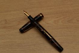 A Wyvern Perfect No8 lever fill fountain pen in Brown Marble with single cap band having Wyvern 14CT