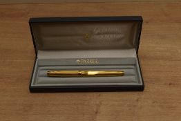A boxed Parker 75 converter fill fountain pen in gold plate Millerais having Parker 585m France nib