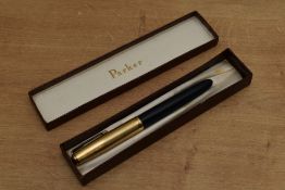 A Parker 51 vacumatic fill fountain pen in Teal Blue with gold filled parallel lined cap. Circa
