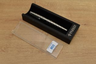 A boxed Parker 45 Harlequin cartridge converter fill fountain pen in stainless steel shield design
