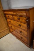 A 19th Century flame mahogany Scotch chest having single 'secret' drawer over two short and three