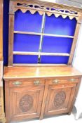 A Victorian mahogany sideboard base and an Edwardian dresser back, width approx. 119cm