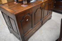 A period oak coffer , in beautifully restored condition, dimensions approx. 143 x 61 x 84cm