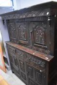 A period oak court cupboard (carved date is 1684, possibly a later piece with carved earlier date)