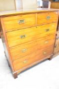 A Victorian yew wood chest of two over three drawers having aesthetic style brass handles ,