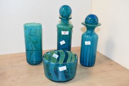 Four mid to late 20th-century Mdina glass pieces, in deep blue and green tones, comprising two