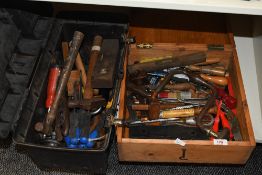 A selection of various mixed small hand tools contained in a pine box and modern plastic tool box,
