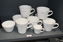 A selection of 20th-century Keith Brymer Jones 'Word' porcelain ware, featuring 'Love', 'Capuccino',