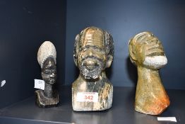 Three vintage African Art hard stone busts, to feature a female and two male examples, unmarked, (