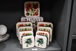 Three sets of Emma Bridegwater plastic 'Vegetable Garden snack tubs; sold with a 'Garden Tools, Dig,