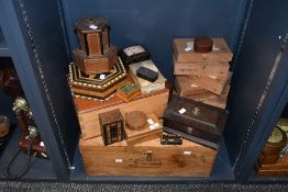 A large quantity of late 19th to 20th-century boxes, comprising a Moroccan-style hexagonal example