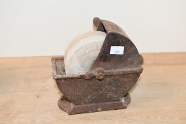 A small 19th-century hand-operated iron and stone whetstone/grinding wheel, 18cm in height and