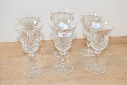 Six late 20th-century Cumbria Crystal 'Keswick' wine goblets, featuring a diamond-cut bell-shaped