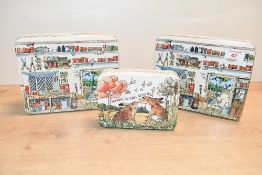 Two Emma Bridgewater 'In the Garden Shed' lidded tins and one smaller 'In the woods' edition, all