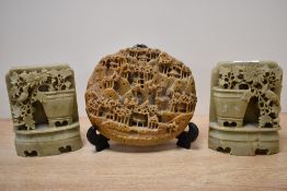 A selection of vintage Chinese soapstone carvings, comprising two bookends featuring sweet floral