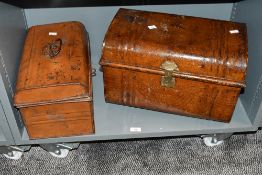 Two large Victorian tin travel trunks, to feature a larger example having a lozenge mark to hatch