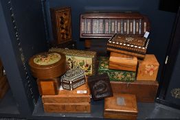 A quantity of late 19th to 20th-century wooden boxes, comprising a Middle Eastern-style mother-of-
